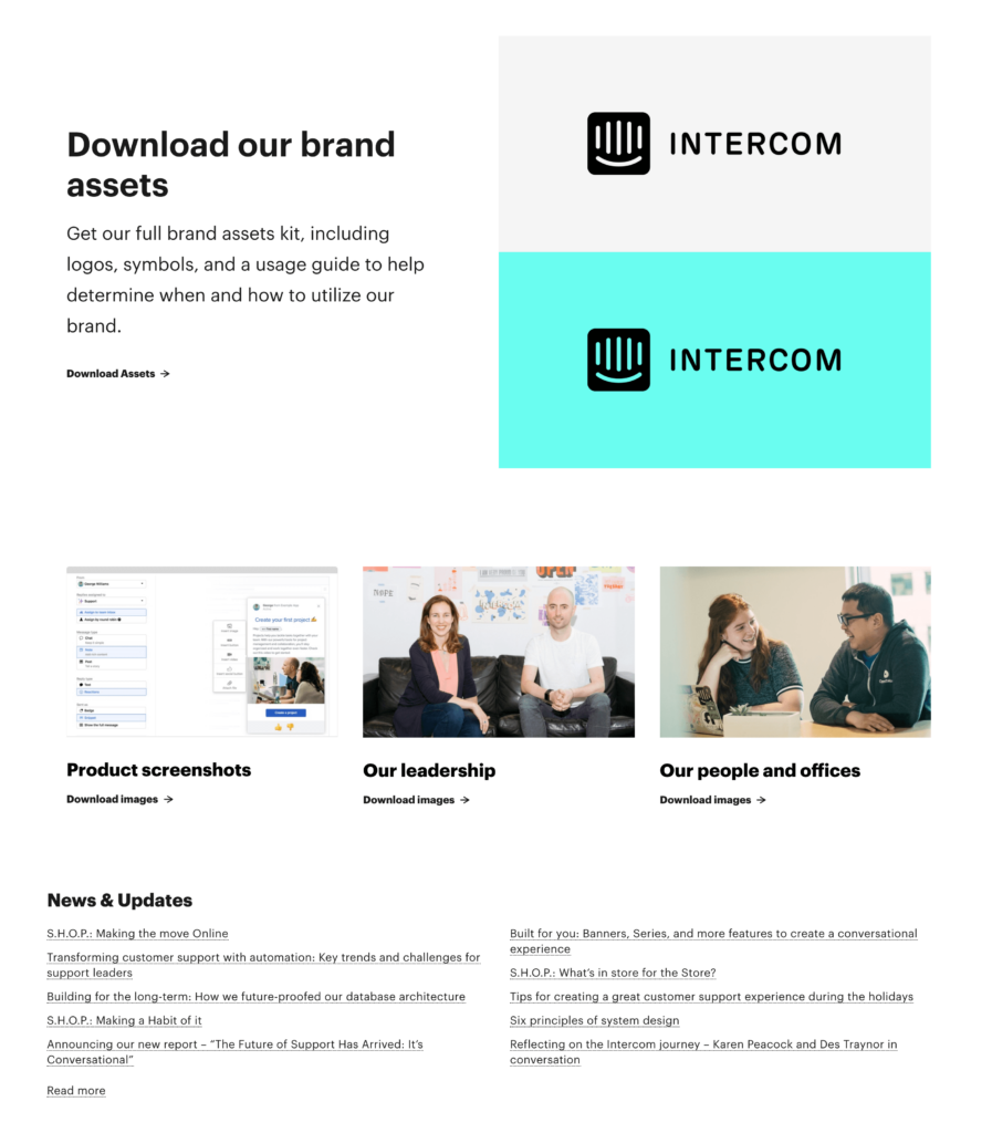 Example of an online newsroom created by Intercom 