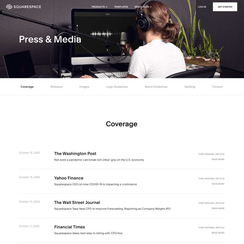 Example of an online newsroom created by Squarespace