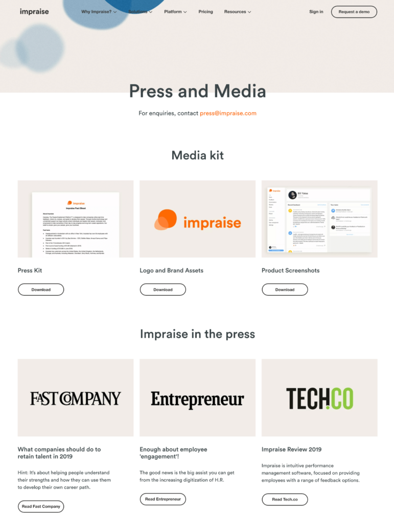 Example of an online newsroom created by Impraise