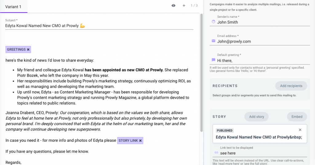 Press release email in Prowly's PR CRM