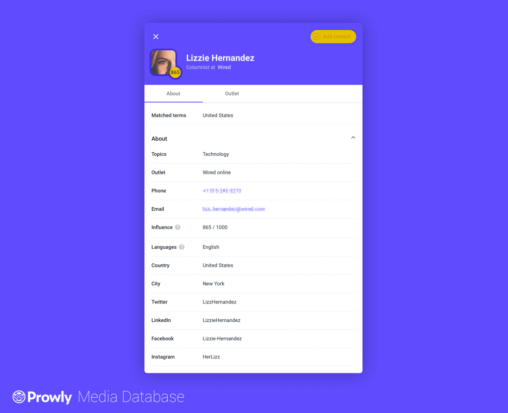 Media contact details in Prowly's media database