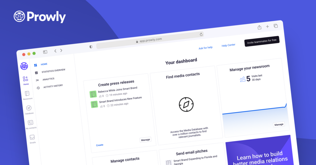 Prowly PR Software - Dashboard