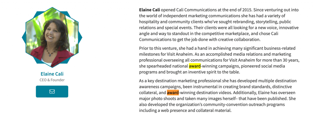 Cali Communications website screenshot showing text where they used phrase "award-winning".
