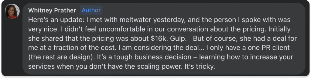 meltwater pricing screenshot from a facebook group