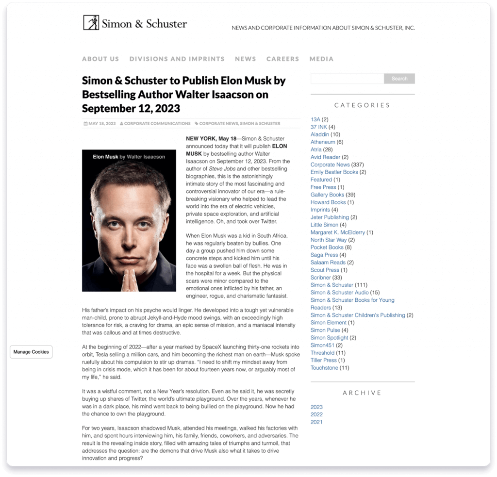 A Simon & Schuster page as an example of the book press release showing "Elon Musk" by Walter Isaacson - a cover and press release copy.