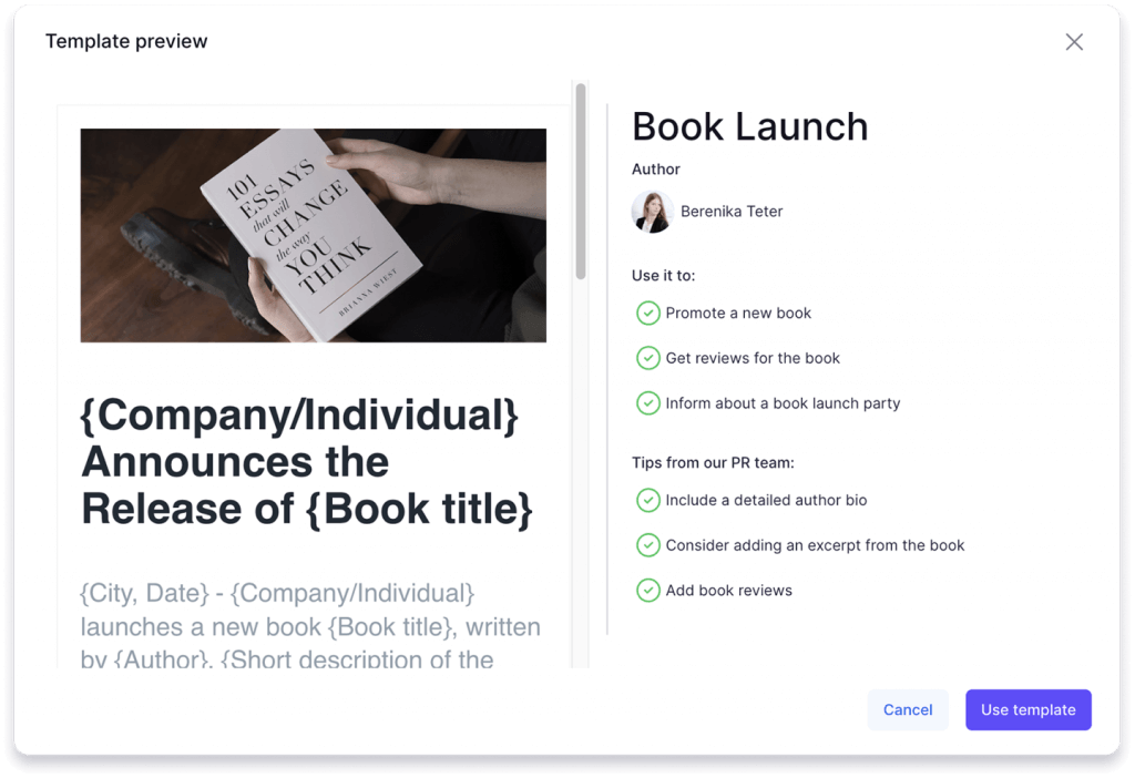 A screenshot from Prowly's Press Release Creator tool showing the Book press release template.