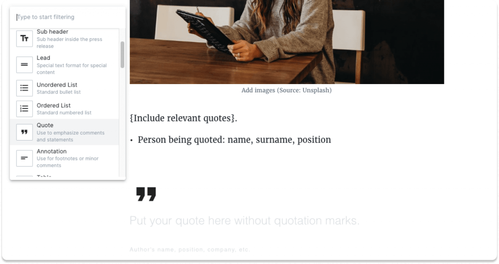 Adding quotes in the restaurant press release template in Prowly's Press Release Creator