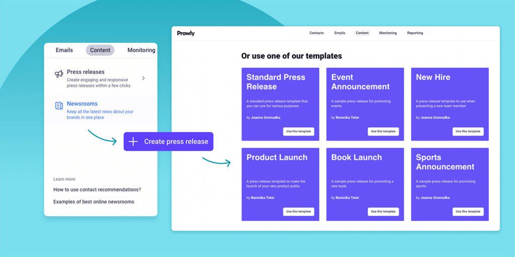 Prowly Press Release Template: a screenshot of the process of choosing a template: newsrooms > create press release button > a window with multiple templates