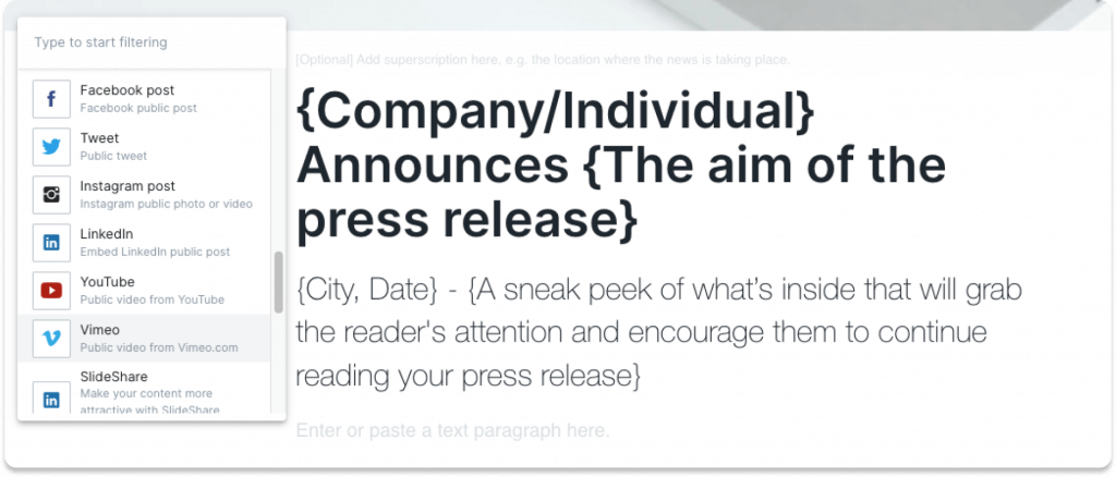 Screenshot from Prowly Press Release creator showing how to add visuals to a rebranding press release