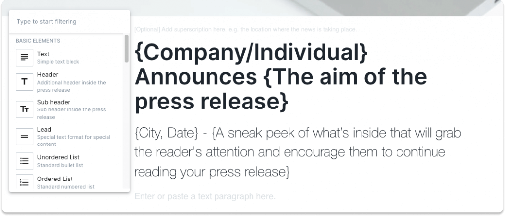 Prowly Press Release Creator screenshot showing the parts of the lead and title in a resignation press release