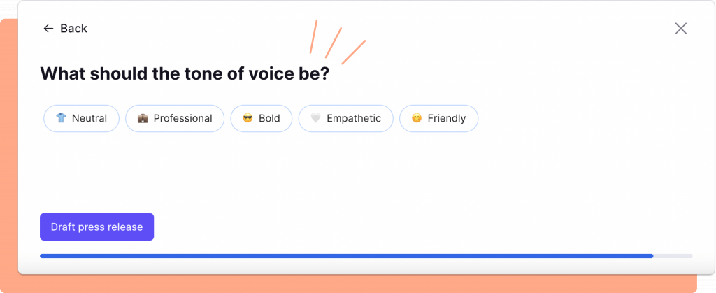 An AI press release generator tool screenshot with the question "what should the tone and voice be?" and 5 possible options: neutral, professional, bold, empathetic and friendly