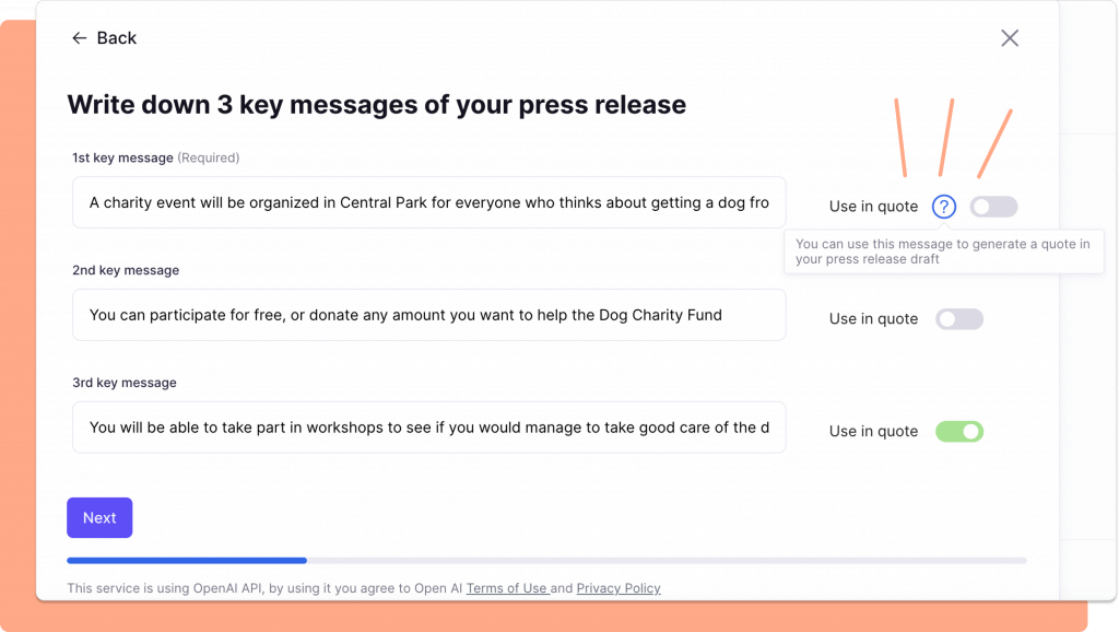 a screenshot from the tool: places for entering 3 key messages of the press release