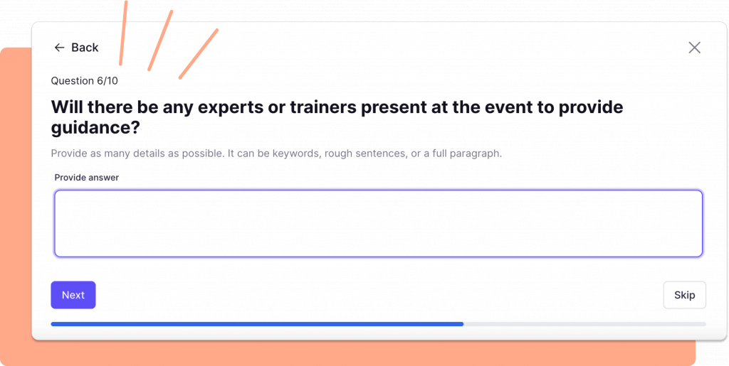 tool screenshot asking Will there be any experts or trainers present on the event to provide guidance?