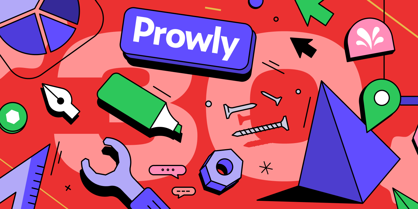 Illustration: Prowly logo, crayons and tools on the pinky-red background