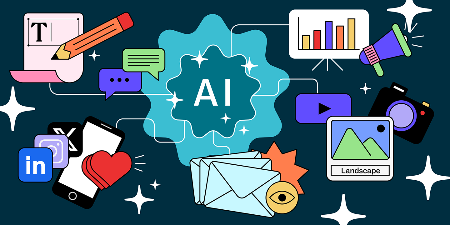 an illustration of a word AI connected with various icons which symbolize AI marketing tools