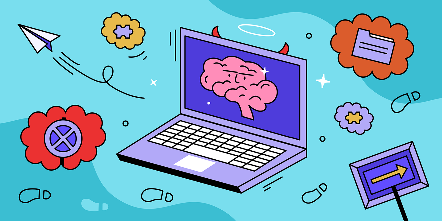 An illustration on the blue background: a laptop with devil horns, a brain on the screen and some random icons