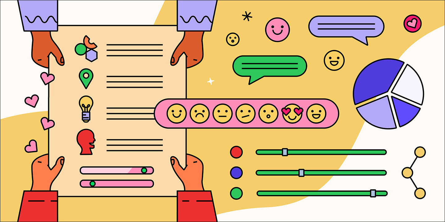 a flat lay 2D illustration on a yellow background with hands holding paper and some random charts, smiling and sad faces and speech bubbles that all shows brand sentiment