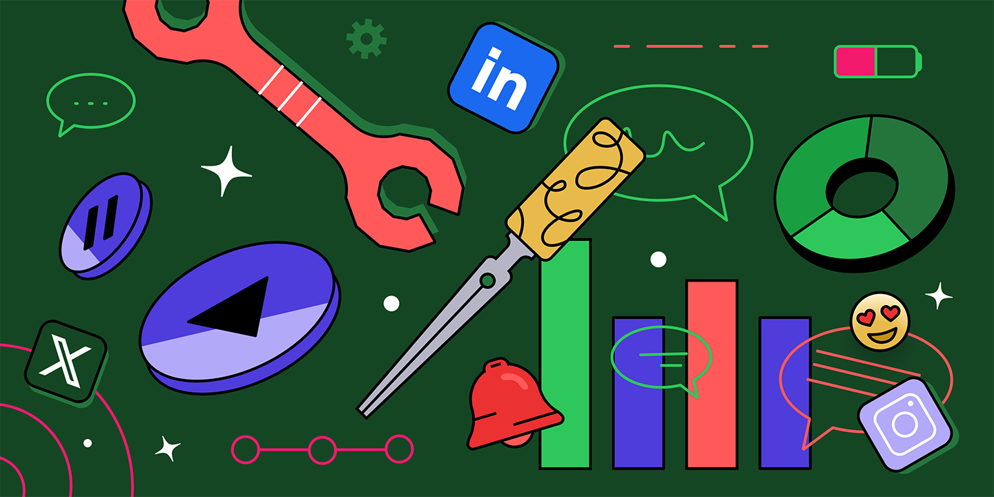 a 2D illustration of mechanic tools, LinkedIn logo, book covers and alerts on a dark green background