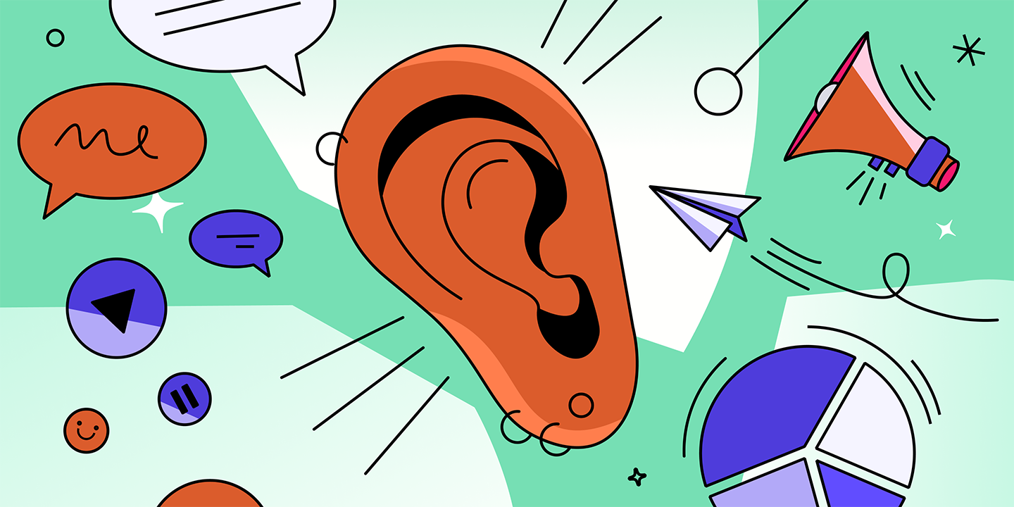 an illustration of a huge ear and speaking bubbles, charts around it