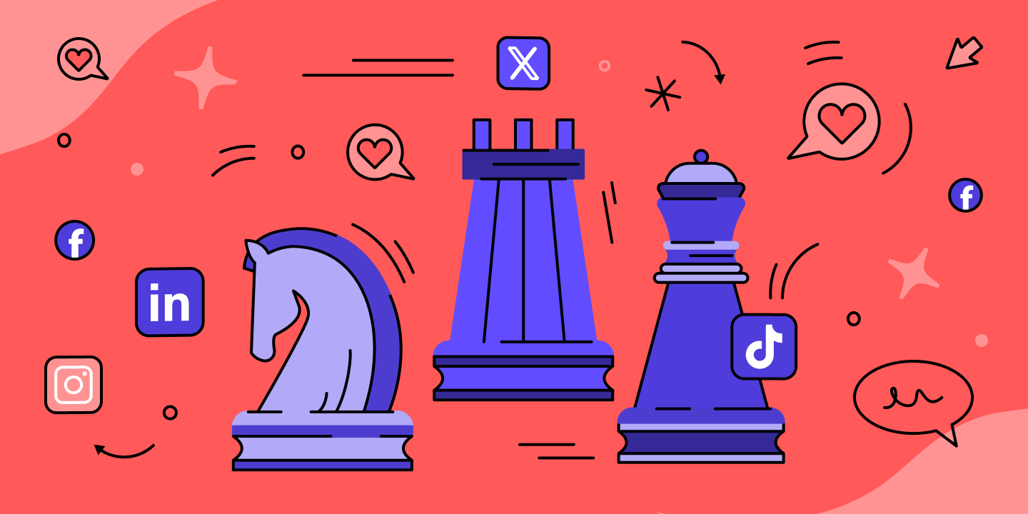 a 2d illustration of purple chess figures on the coral pink background symbolizing a powerful social media strategy. Small, social media icons in the back in random places and hearts symbolizing liking the content