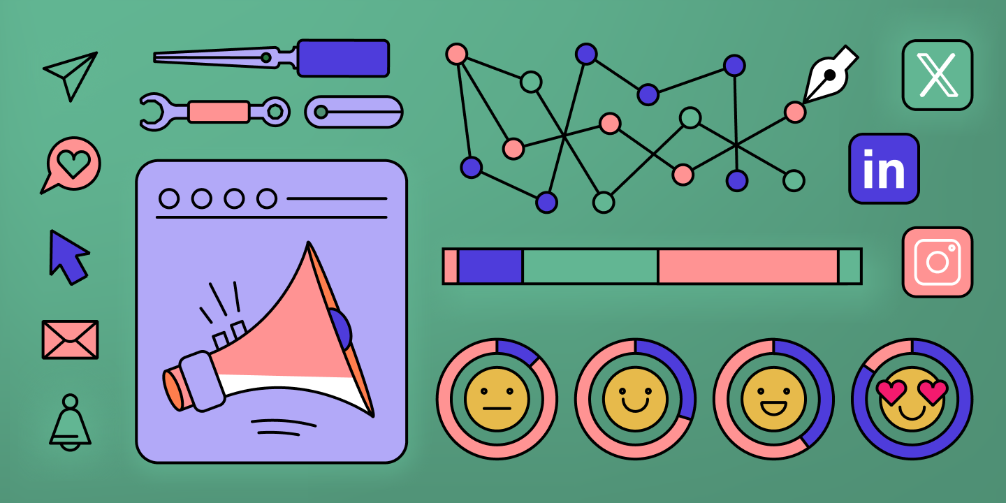 a 2d illustrated flatlay with happy, neutral and sad faces symbolizing sentiment, some charts, some social media logos like LinkedIn, some random icons. Everything on the deep, darker green background and in light purple and coral colours