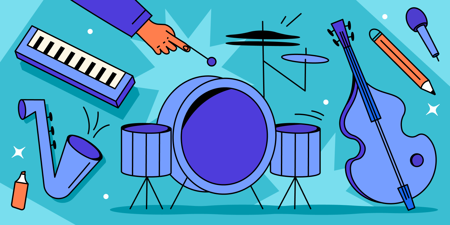 a 2d illustration of purple instruments: drums, violin, keyboard, a trumpet and a microphone on a light blue/turquoise background
