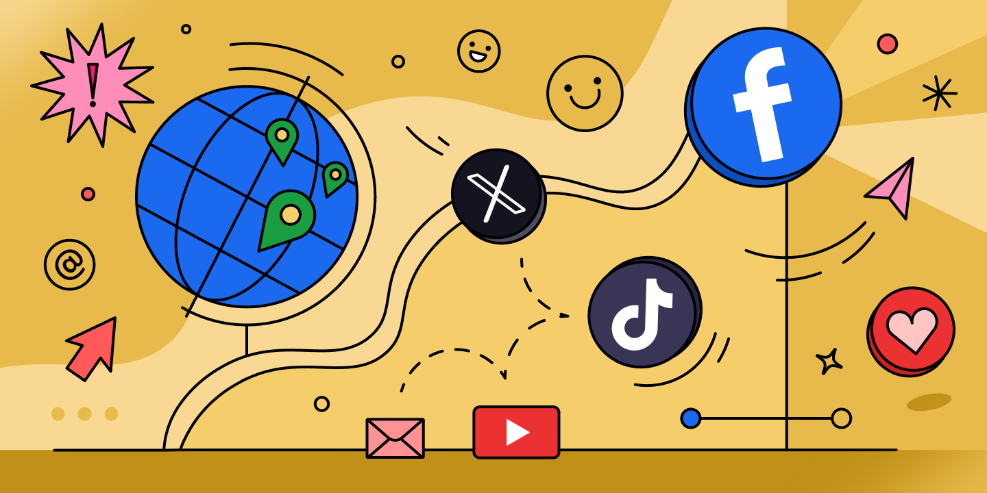 A 2D illustration on the yellow background showing a globe and social media icons