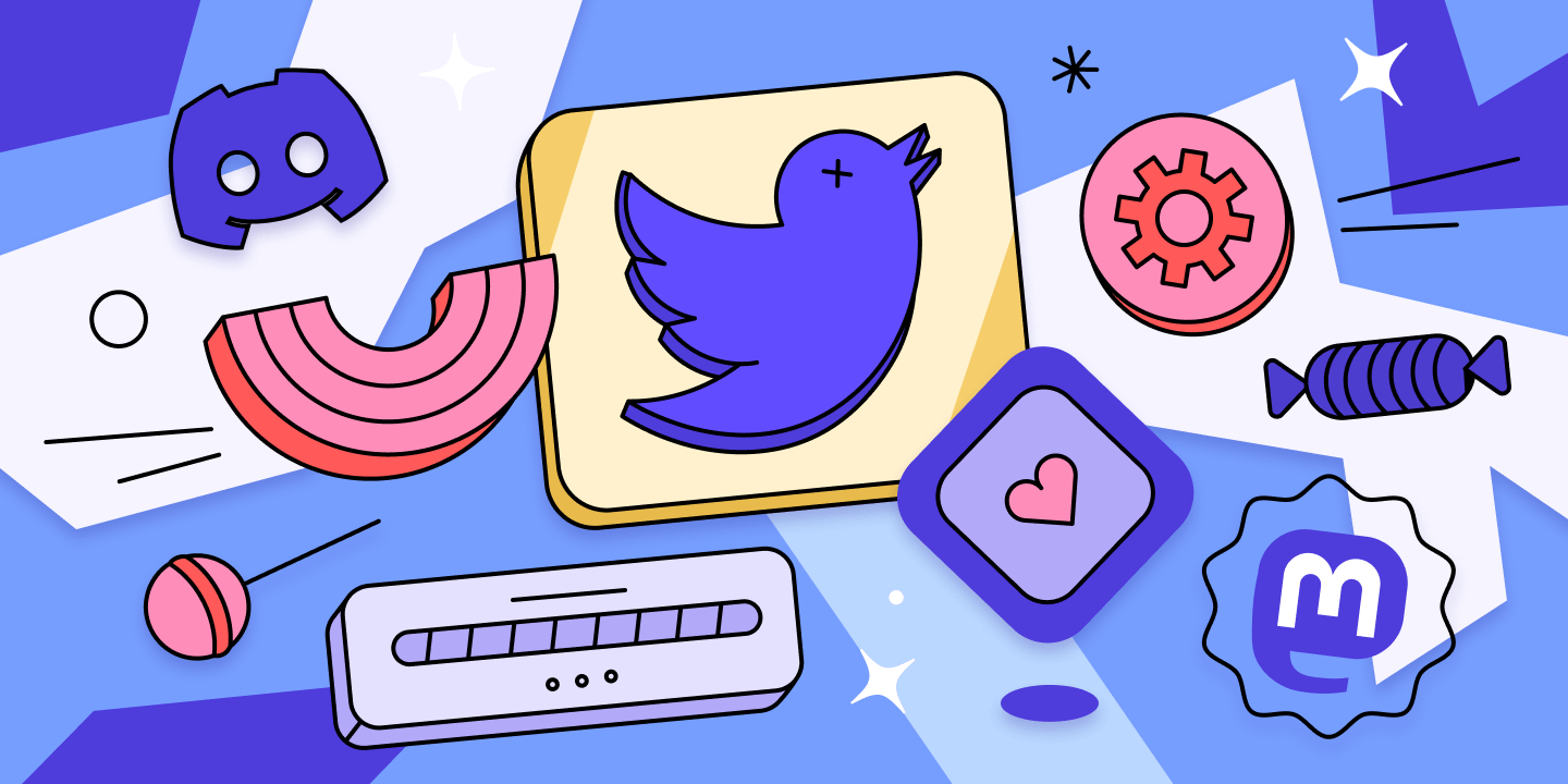 A 2D illustration on the blue background: an old twitter logo with a bird with crosses instead of eyes, discord and mastodon logos, plus some random icons and emojis.