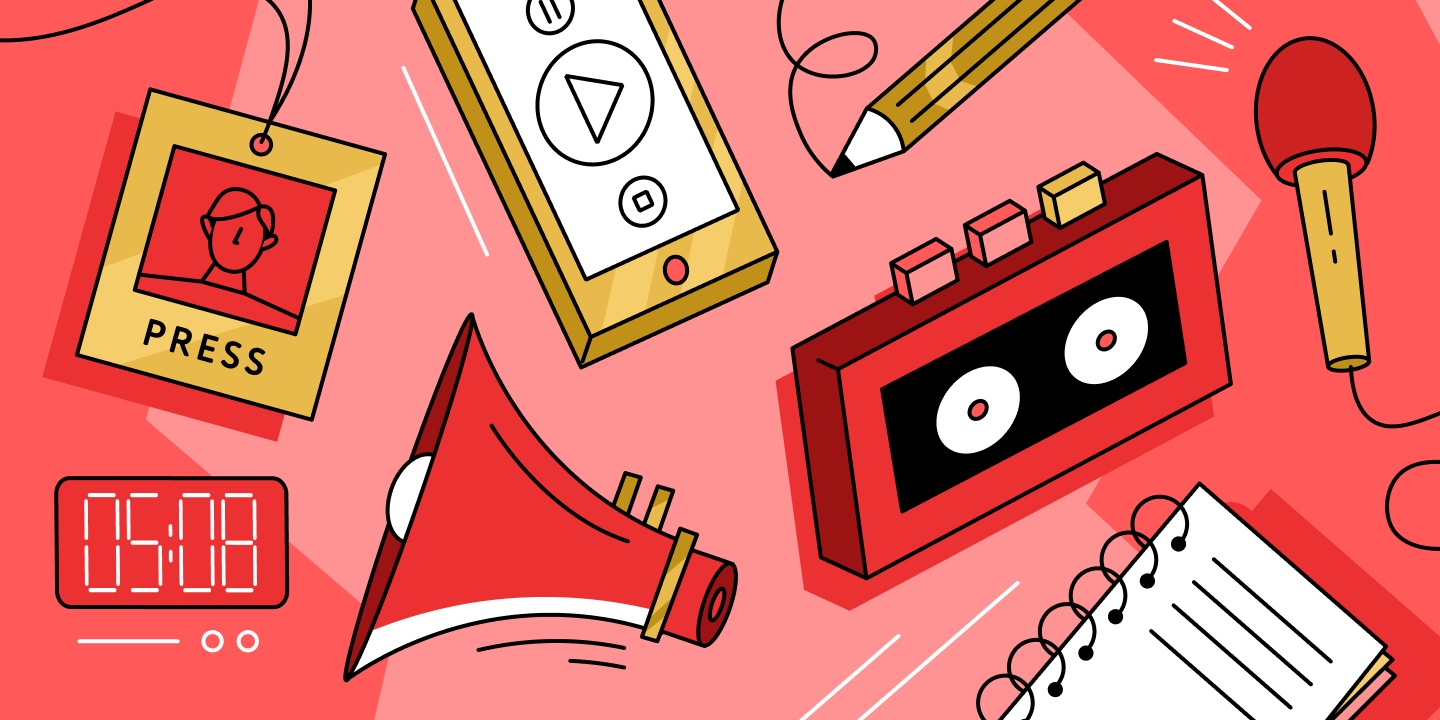 A 2D illustration of a retro voice recorder, phone with play and pause buttons on the screen, a megaphone, ID card, notebook and a microphone all in coral red colors on a pinkish background