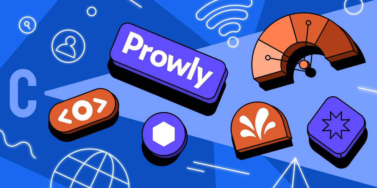 Prowly logo on blue background and various orange icons