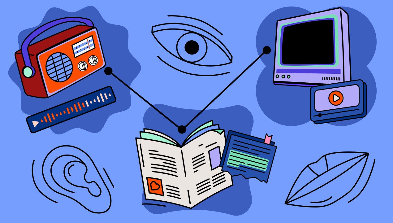 Print monitoring for PR and Broadcast monitoring for PR shown as icons of radio, eye, magazine, computer, ear and lips on pastel blue background