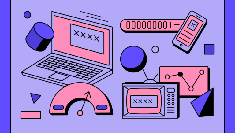 Pink and purple icons of laptop, scale, tv, remote, mobile and charts on light purple background symbolizing PR KPIs