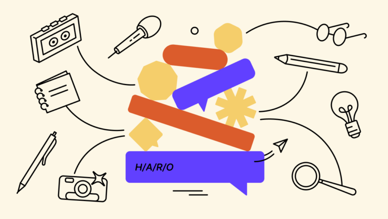 HARO alternatives. and Connectively alternatives symbolized by chat purple and orange chat bubbles and icons of a bubble, a magnifying eye, microphone and a pen on a pastel yellow background