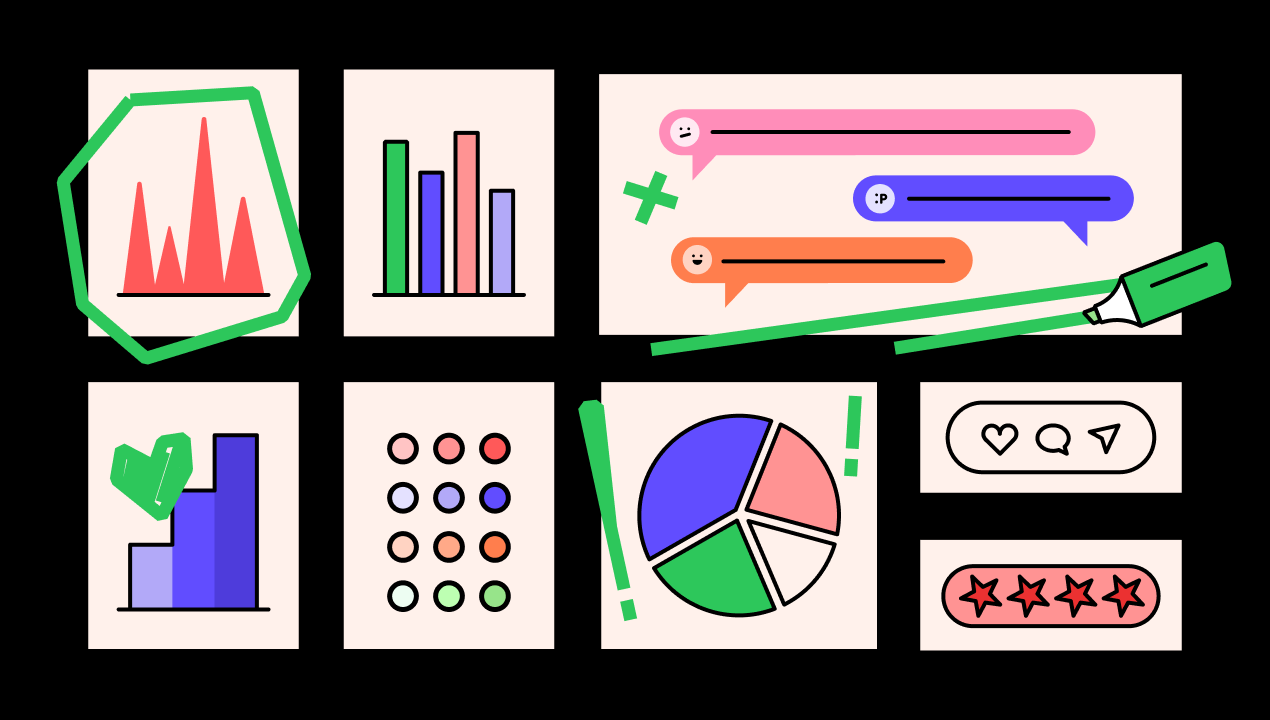 PR metrics illustration - colorful charts and icons